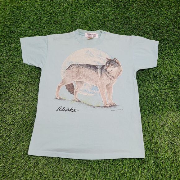 Vintage 1988 Habitat Softwear Alaska Wolf Shirt Medium 20x26 Light Blue USA - Picture 1 of 16